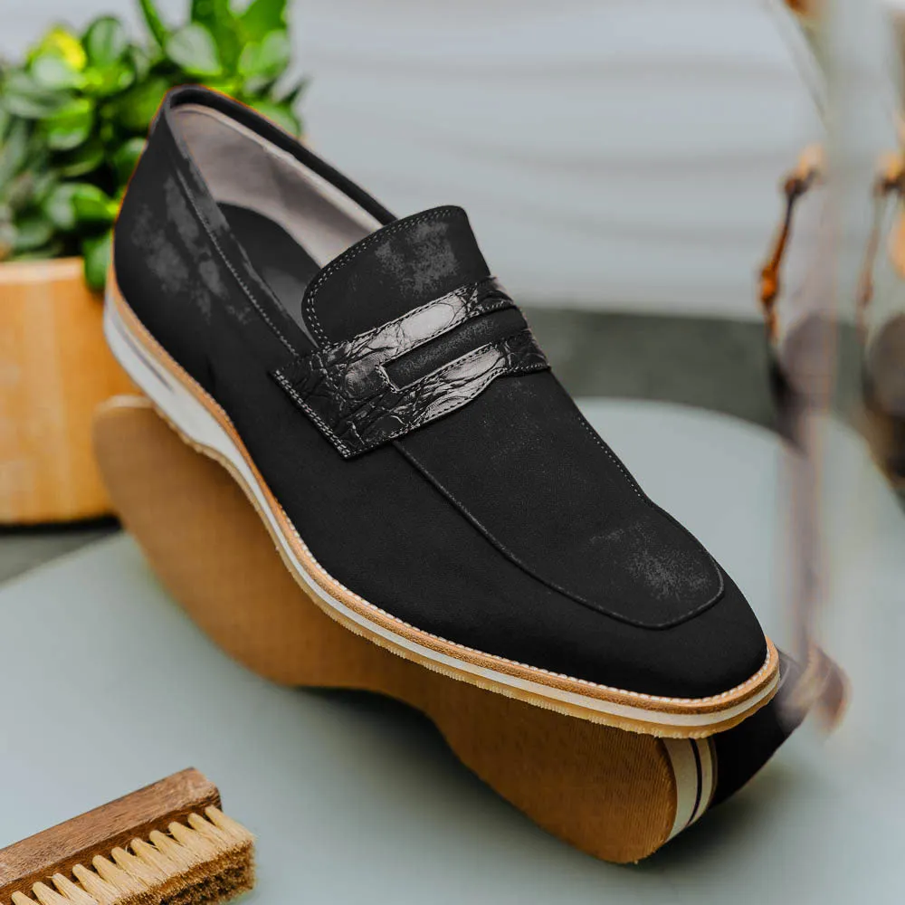 11-020-BLK MEO 3 Sueded Goatskin Penny Loafer, Black