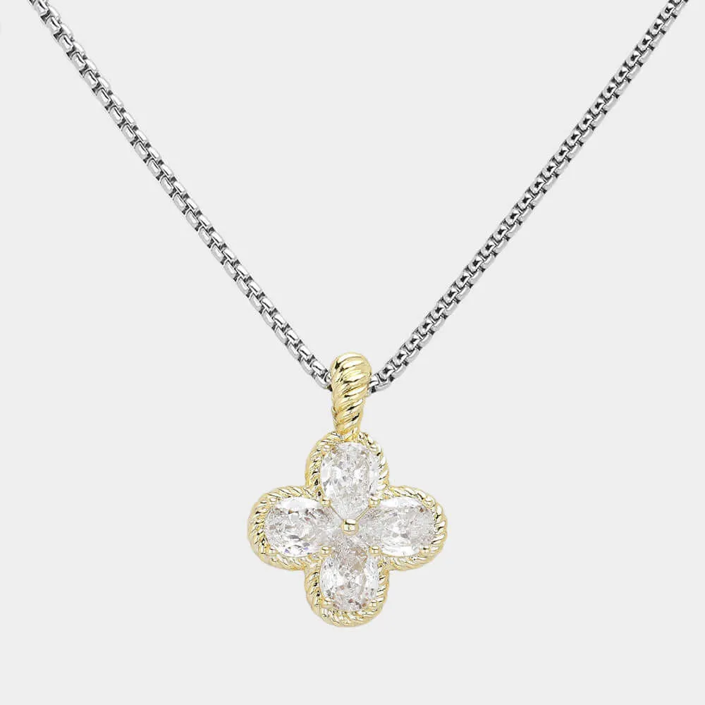 14K Gold Plated Multi CZ Quatrefoil Pendant Necklace