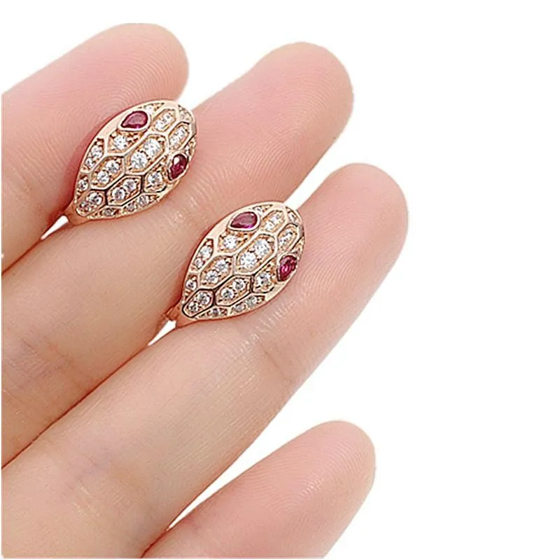 14K Rose Gold Crystal Ruby Snake Head Earrings