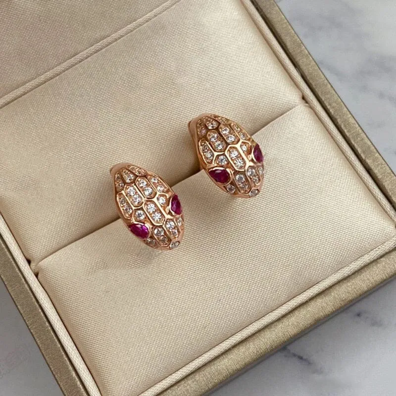 14K Rose Gold Crystal Ruby Snake Head Earrings