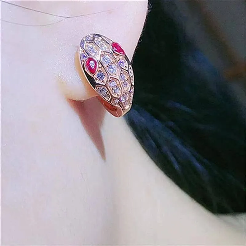 14K Rose Gold Crystal Ruby Snake Head Earrings