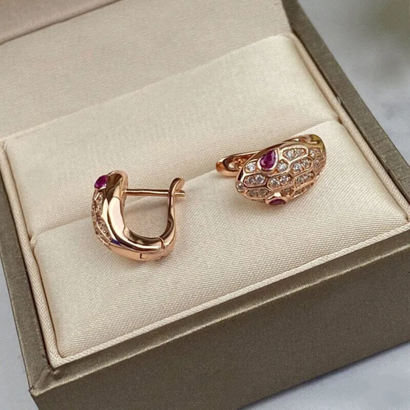 14K Rose Gold Crystal Ruby Snake Head Earrings