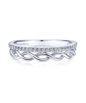 14K White Gold Braided Metal and Diamond Row Ring