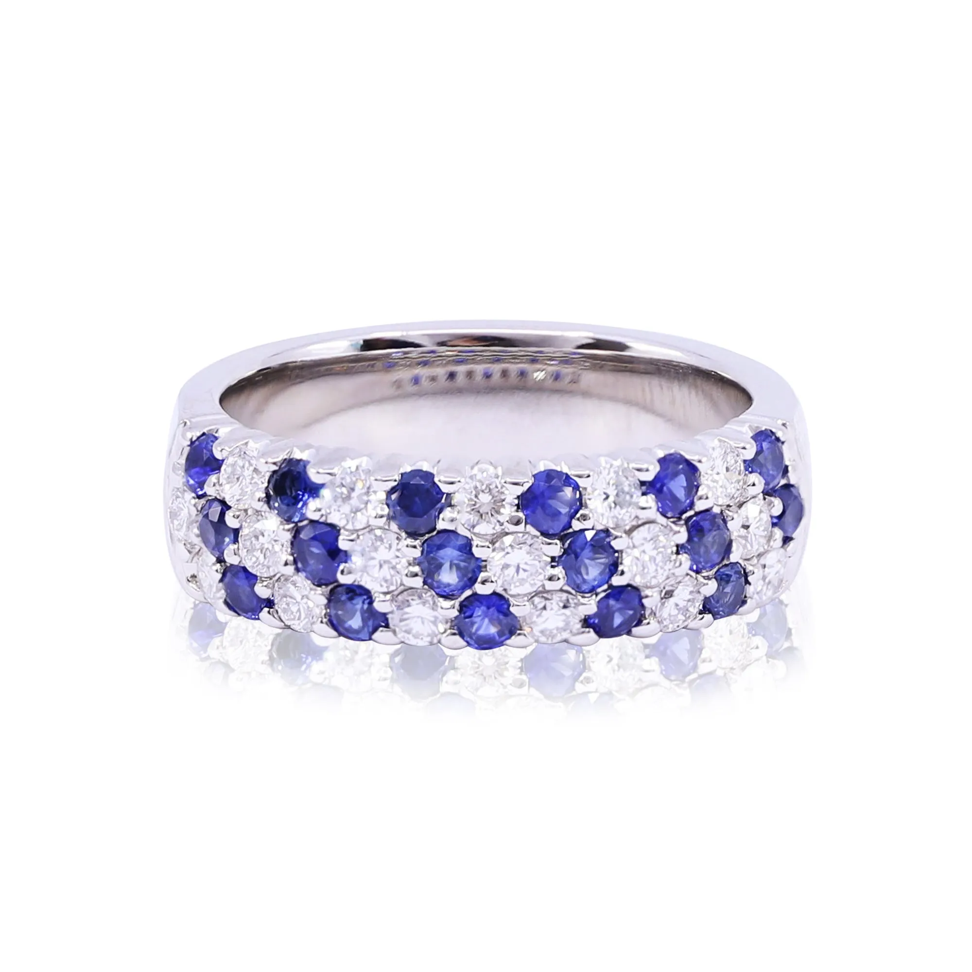 14K WHITE GOLD DIAMOND AND SAPPHIRE TRIPLE ROW RING