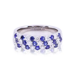 14K WHITE GOLD DIAMOND AND SAPPHIRE TRIPLE ROW RING