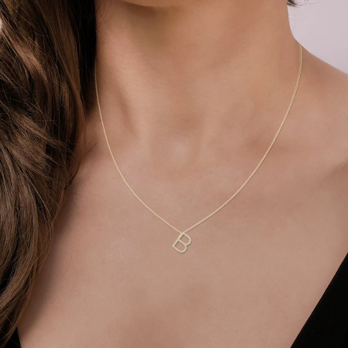 1/6 Carat Tw B Initial Diamond Pendant Necklace In 10K Yellow Gold With Adjustable Length Chain