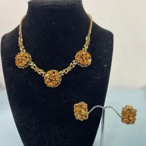 40s Barclay Golden Crystal Necklace/ Earrings Set