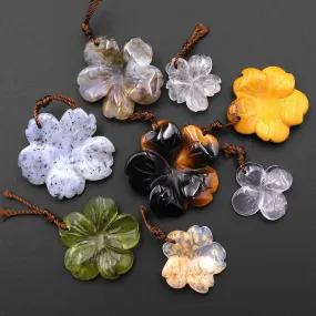 8 Pcs Hand Carved Real Natural Gemstone Flower Pendant Gemstone Bead Jade Mookaite Agate