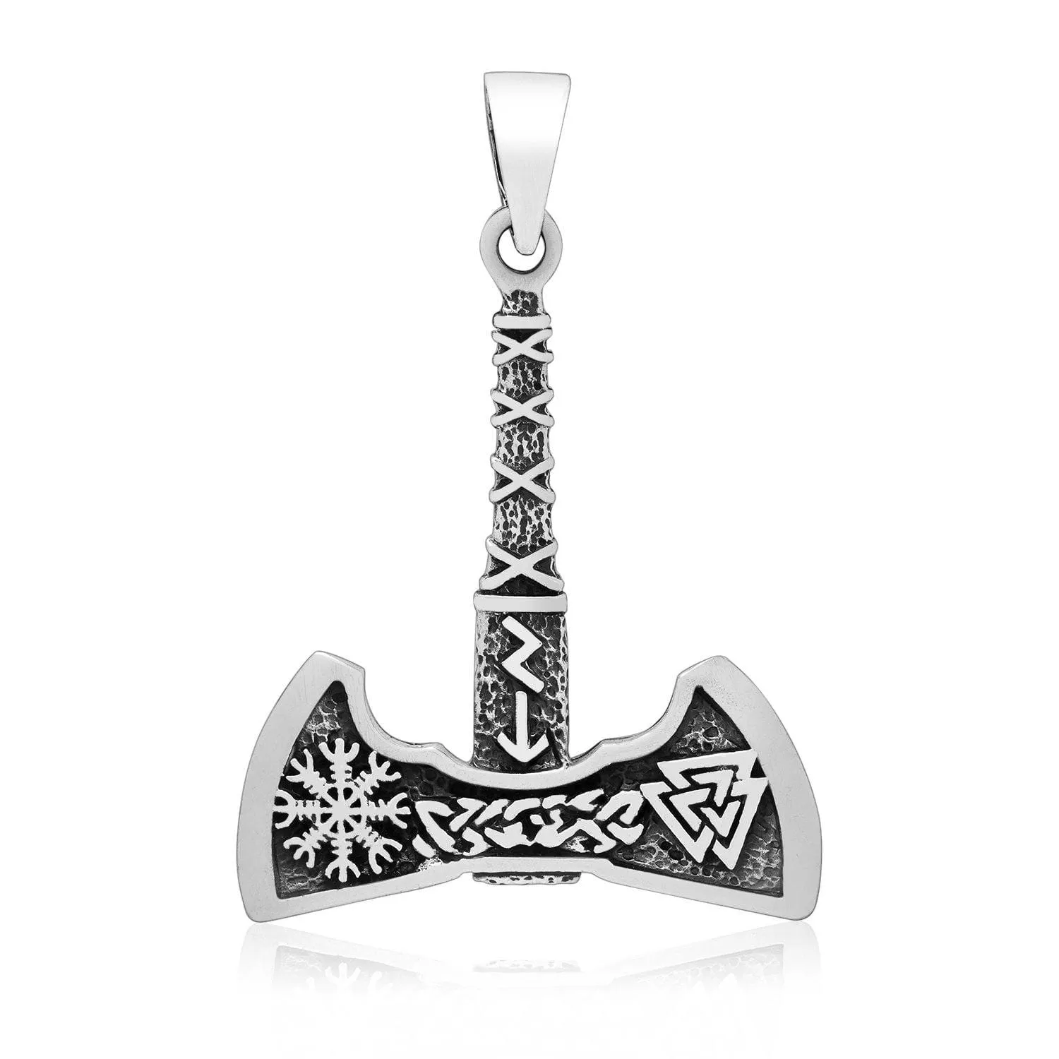 925 Sterling Silver Axe Pendant With Valknut, Helm of Awe and Runic Inscriptions