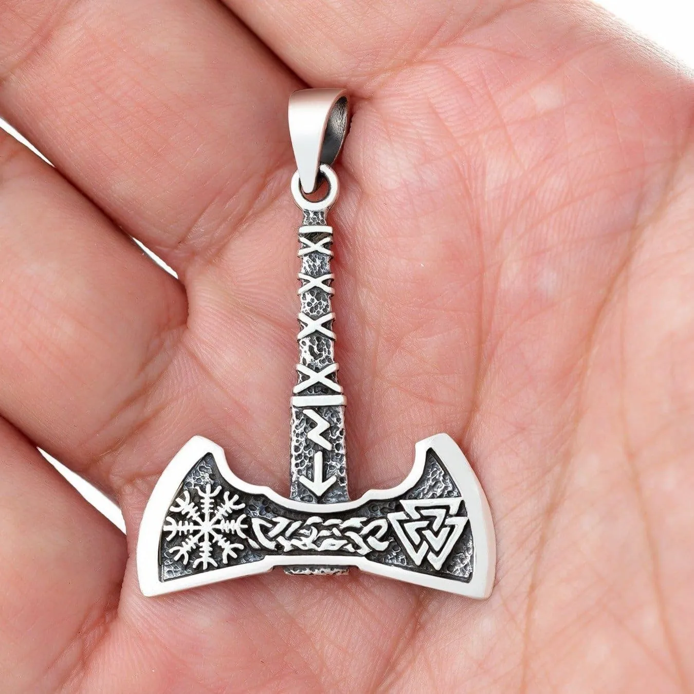 925 Sterling Silver Axe Pendant With Valknut, Helm of Awe and Runic Inscriptions