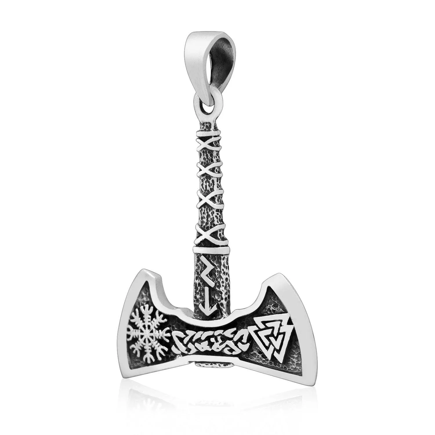 925 Sterling Silver Axe Pendant With Valknut, Helm of Awe and Runic Inscriptions