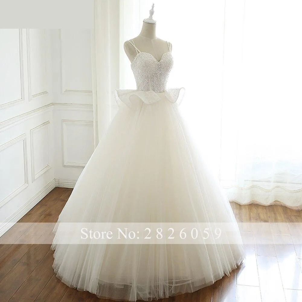 A-Line Sleeveless Ruffled Floor Length Wedding Dresses with Spaghetti Straps