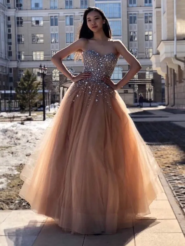 A Line Sweetheart Neck Beaded Champagne Long Prom, Champagne Formal, Evening