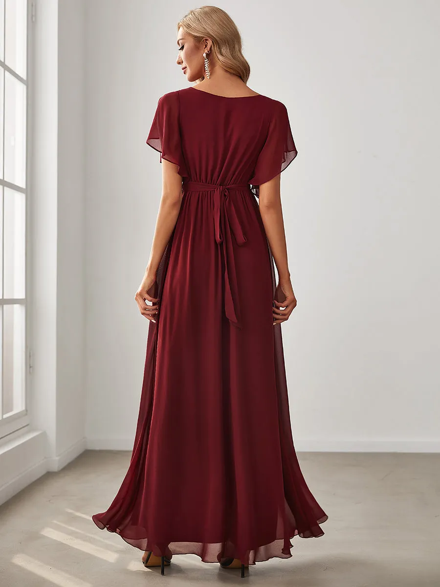 A Line Wholesale Bridesmaid Dresses with Deep V Neck Ruffles Sleeves