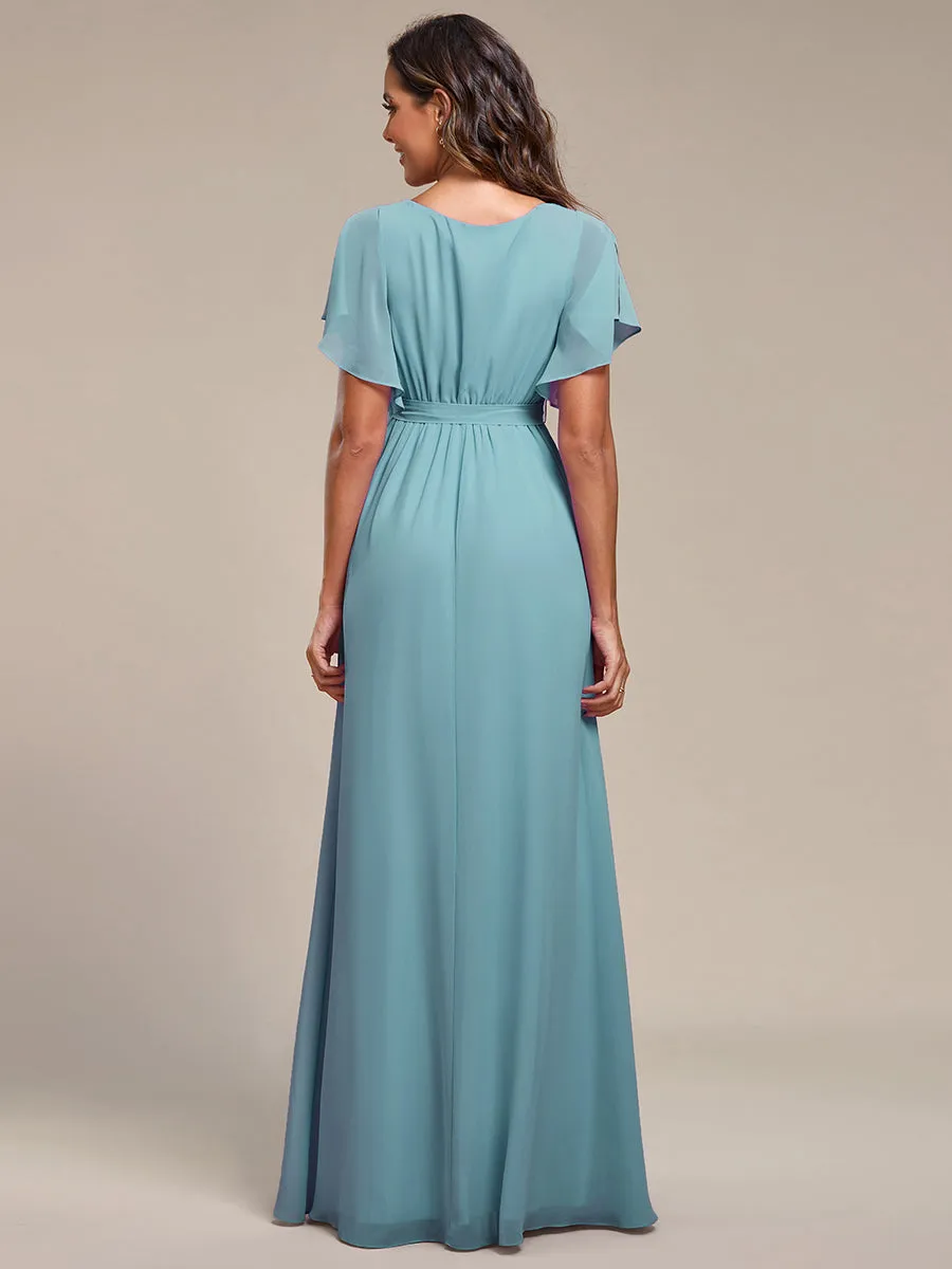 A Line Wholesale Bridesmaid Dresses with Deep V Neck Ruffles Sleeves