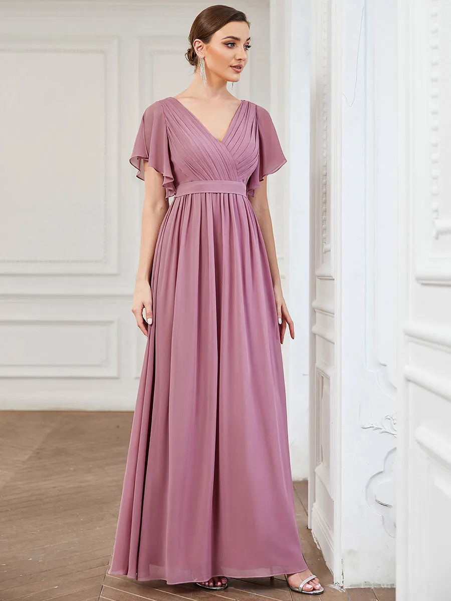 A Line Wholesale Bridesmaid Dresses with Deep V Neck Ruffles Sleeves