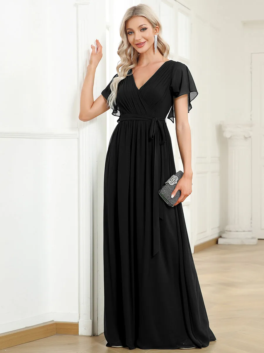 A Line Wholesale Bridesmaid Dresses with Deep V Neck Ruffles Sleeves