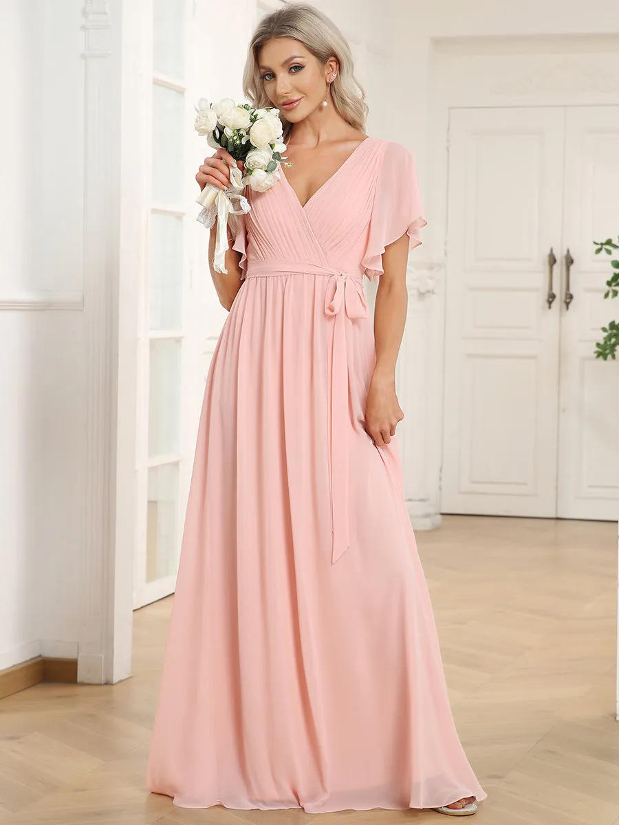 A Line Wholesale Bridesmaid Dresses with Deep V Neck Ruffles Sleeves