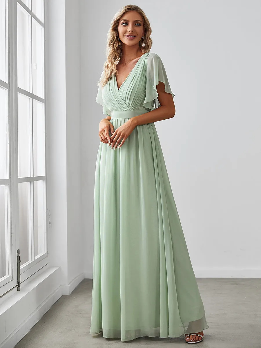 A Line Wholesale Bridesmaid Dresses with Deep V Neck Ruffles Sleeves