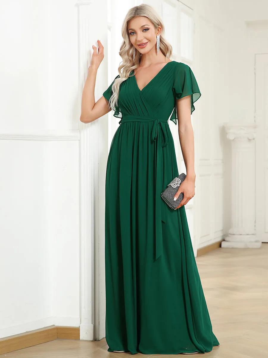 A Line Wholesale Bridesmaid Dresses with Deep V Neck Ruffles Sleeves