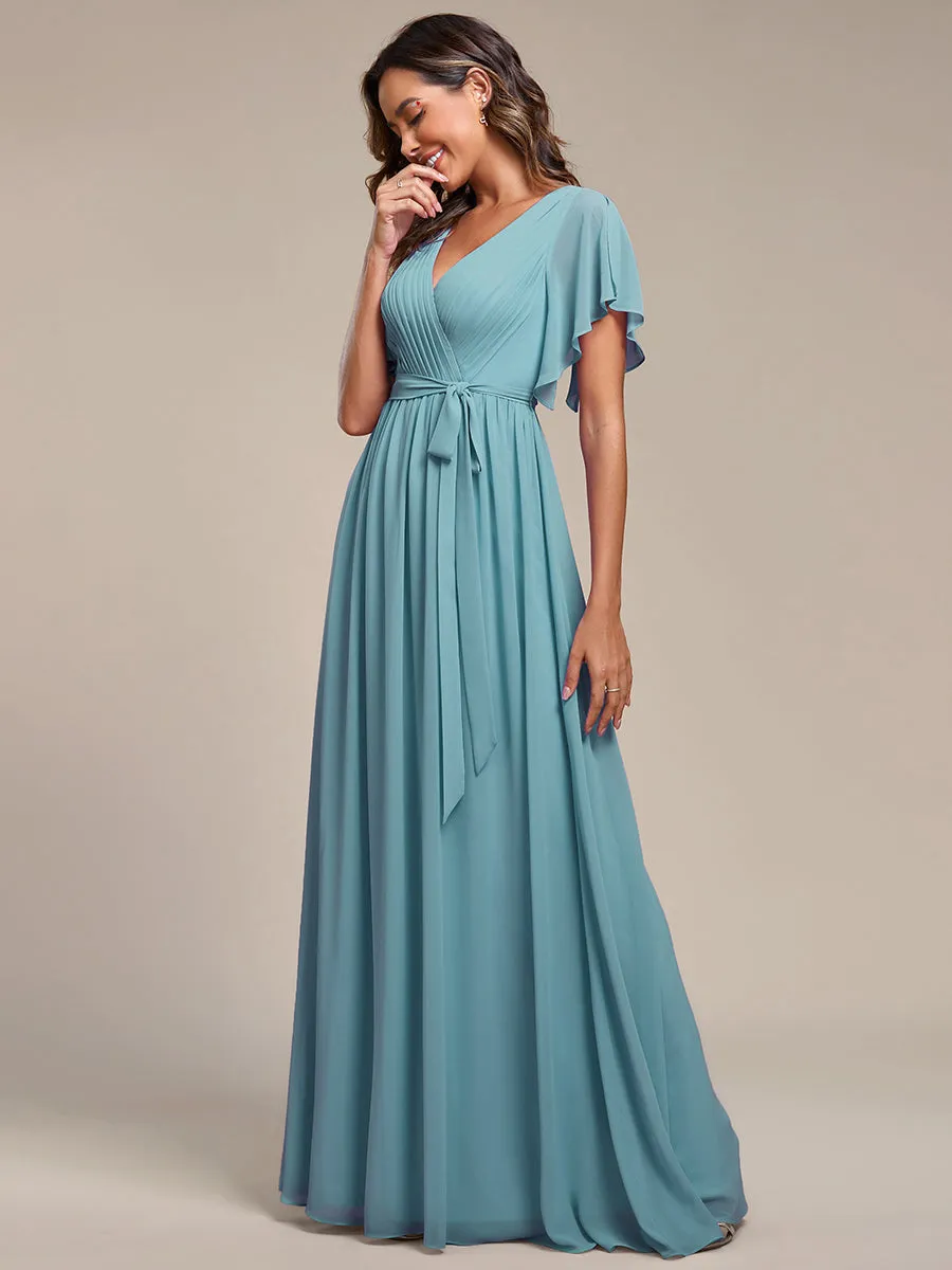 A Line Wholesale Bridesmaid Dresses with Deep V Neck Ruffles Sleeves