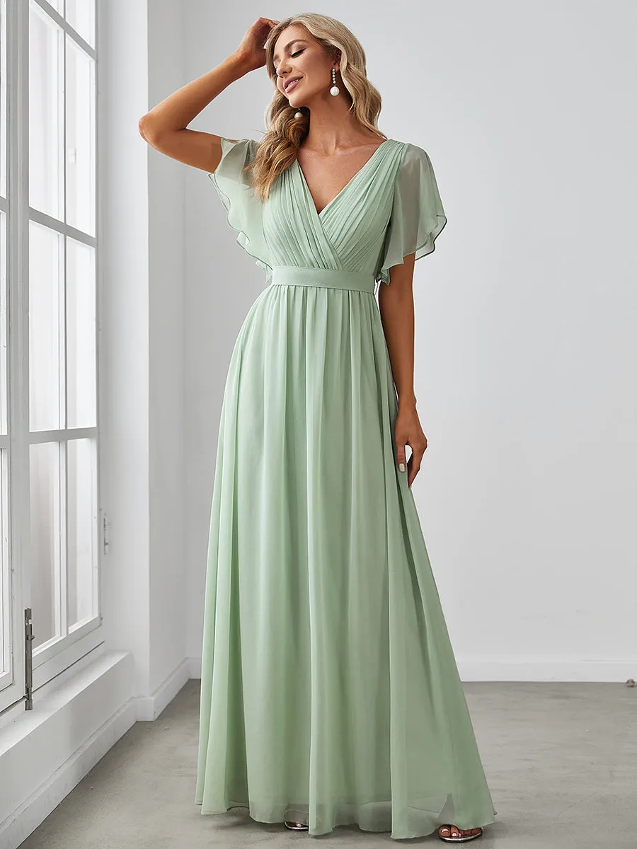 A Line Wholesale Bridesmaid Dresses with Deep V Neck Ruffles Sleeves