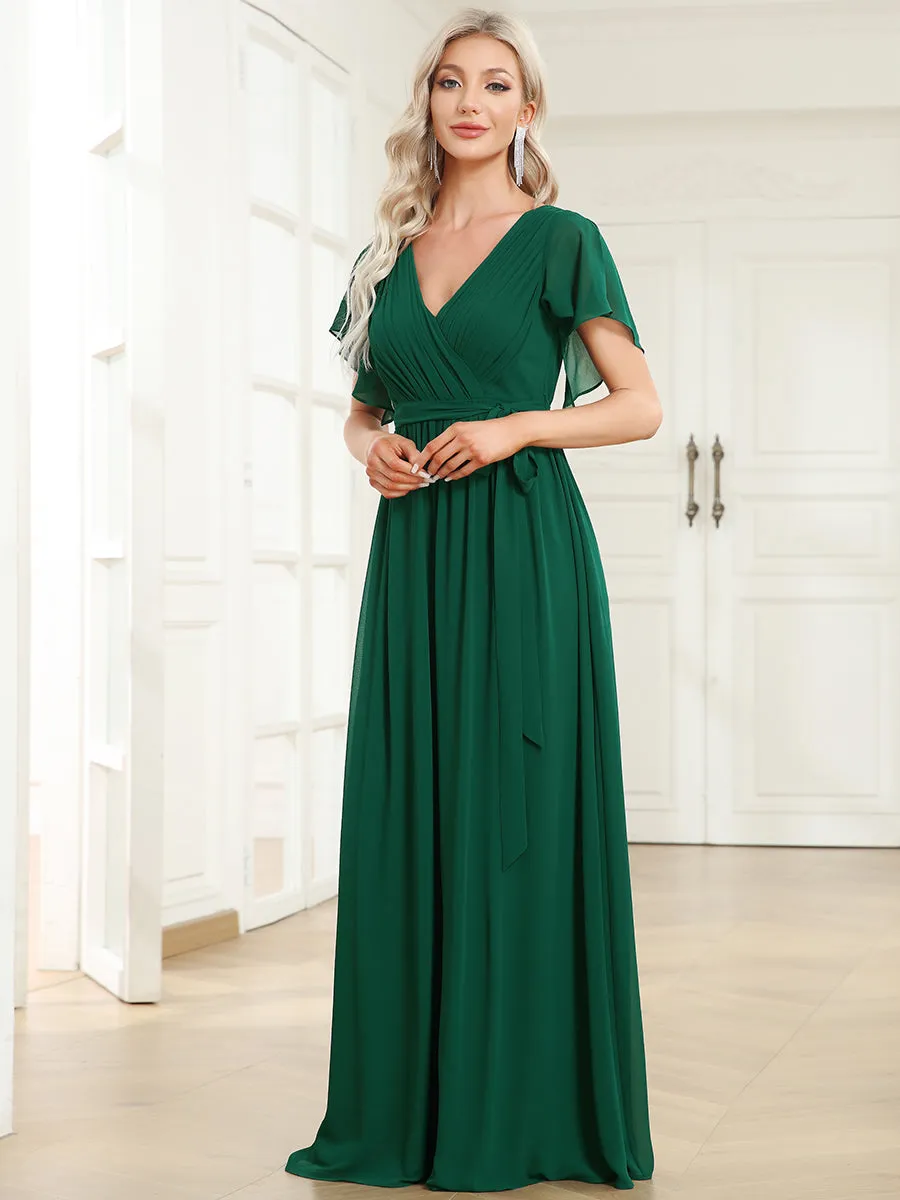 A Line Wholesale Bridesmaid Dresses with Deep V Neck Ruffles Sleeves