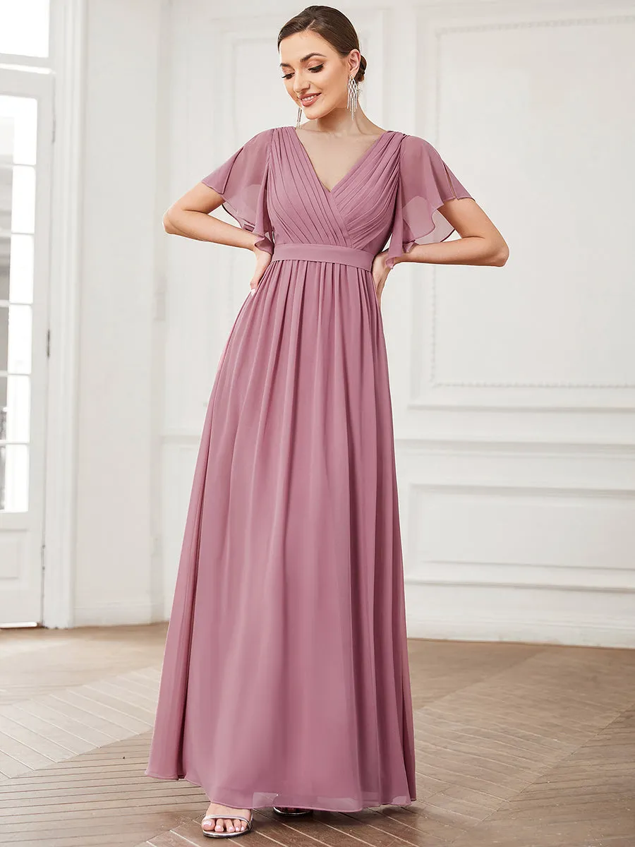 A Line Wholesale Bridesmaid Dresses with Deep V Neck Ruffles Sleeves