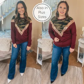 A Sparkly Mindset Camouflage and Sequin Color Block Top in Maroon