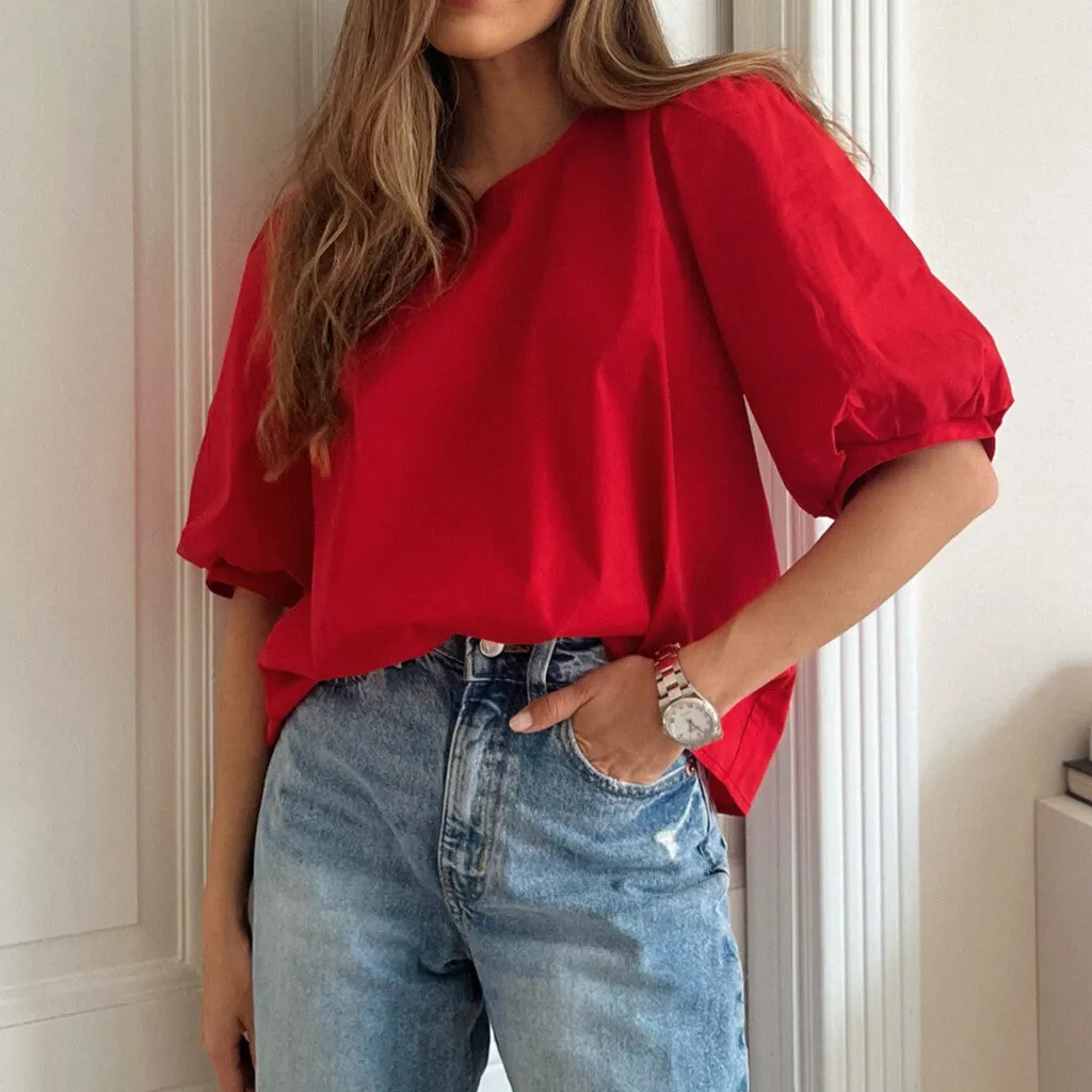 Abi blouse with puff at shoulder / 100002 - Red