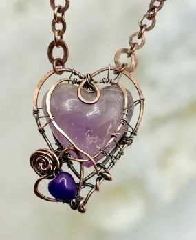 Amethyst Twin Hearts Wire Wrapped Pendant