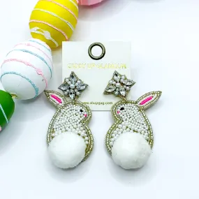 Beaded Bunny Rabbit Earrings with a Puff Ball Tail in White