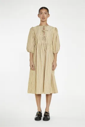 Beige-Brown Stripe Tie-Front Midi-Dress