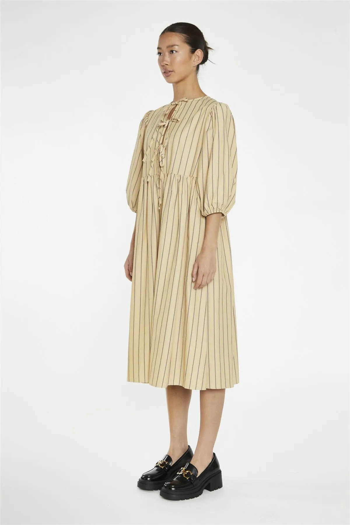 Beige-Brown Stripe Tie-Front Midi-Dress