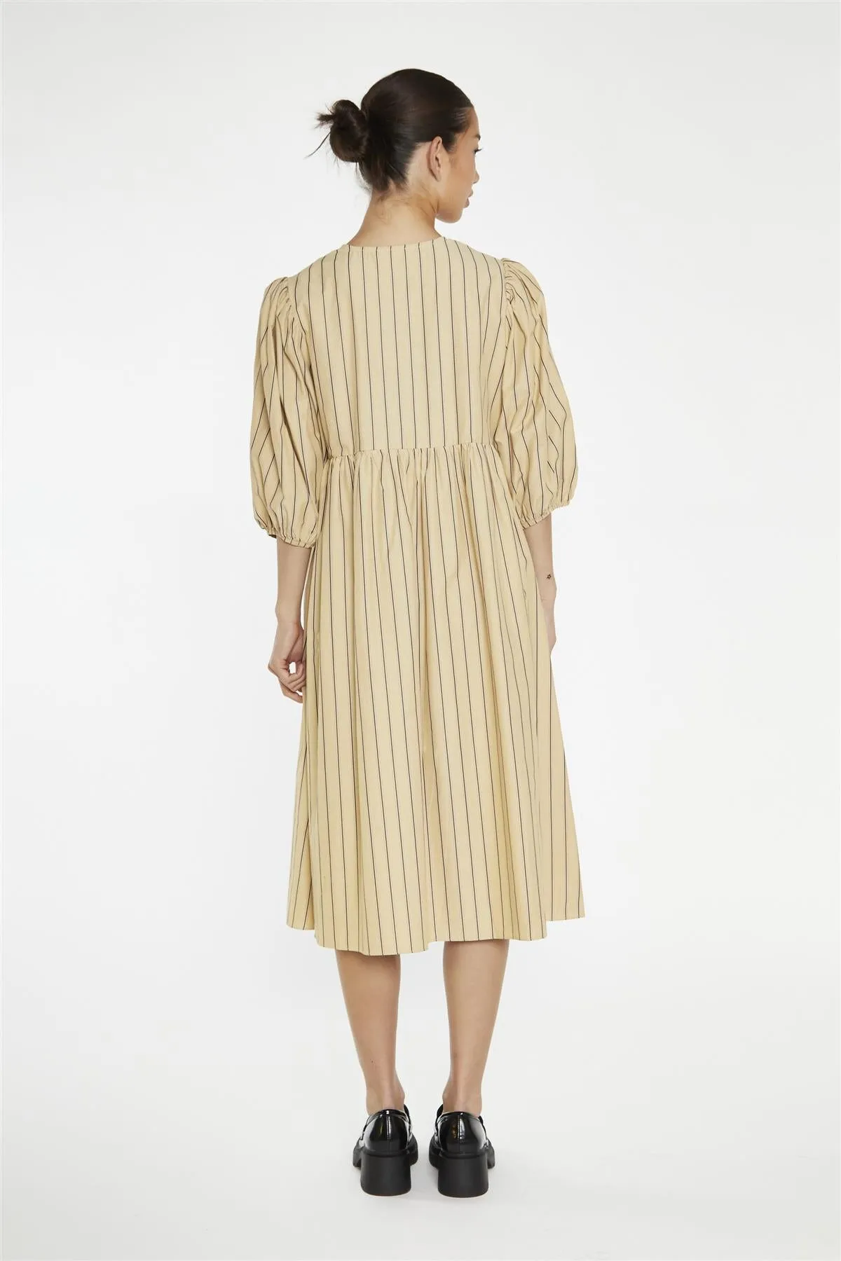 Beige-Brown Stripe Tie-Front Midi-Dress