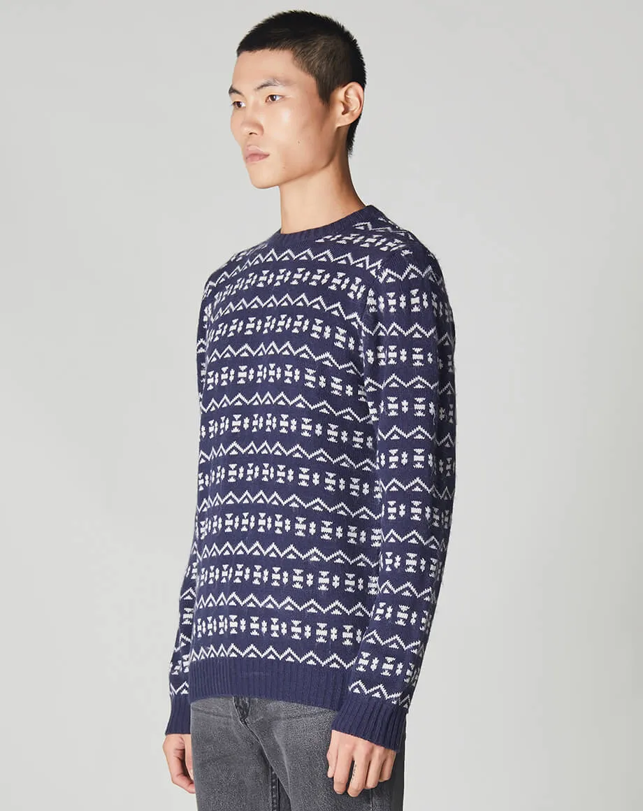 BERGER FOLK FAIR ISLE KNIT MENS CREW NECK JUMPER | NAVY