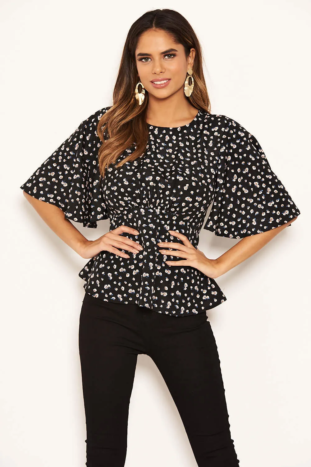 Black Ditsy Floral Flared Blouse