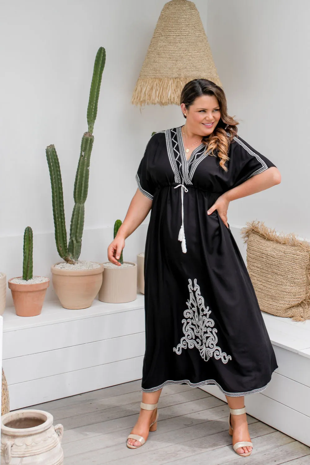 Black Kaftan Maxi Dress - White Embroidery