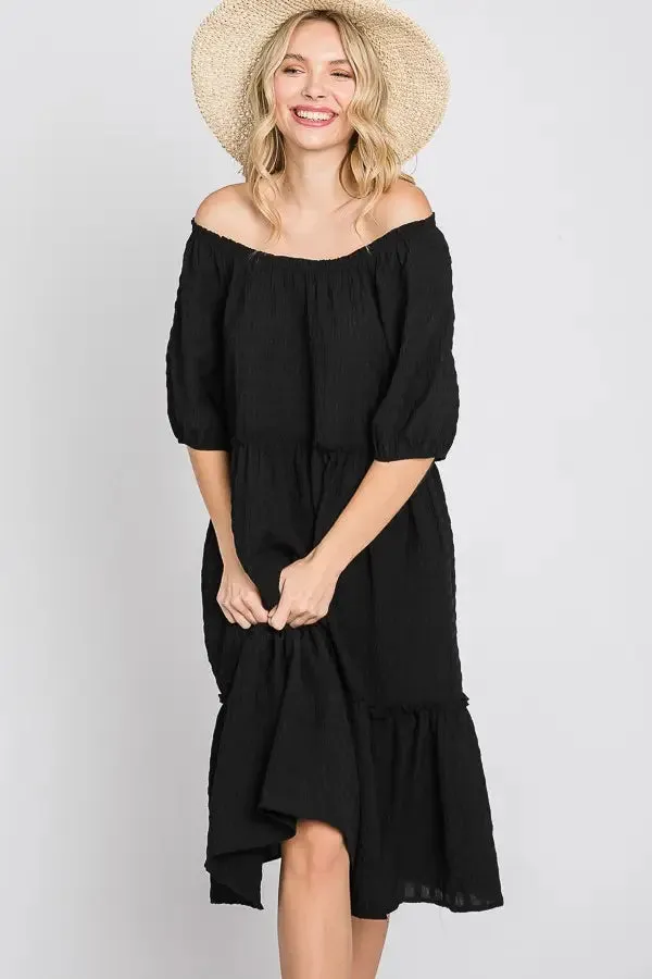 BLACK PUFF SLEEVED TIERED MIDI DRESS WITH PLAID TEXTURE AND POCKETS