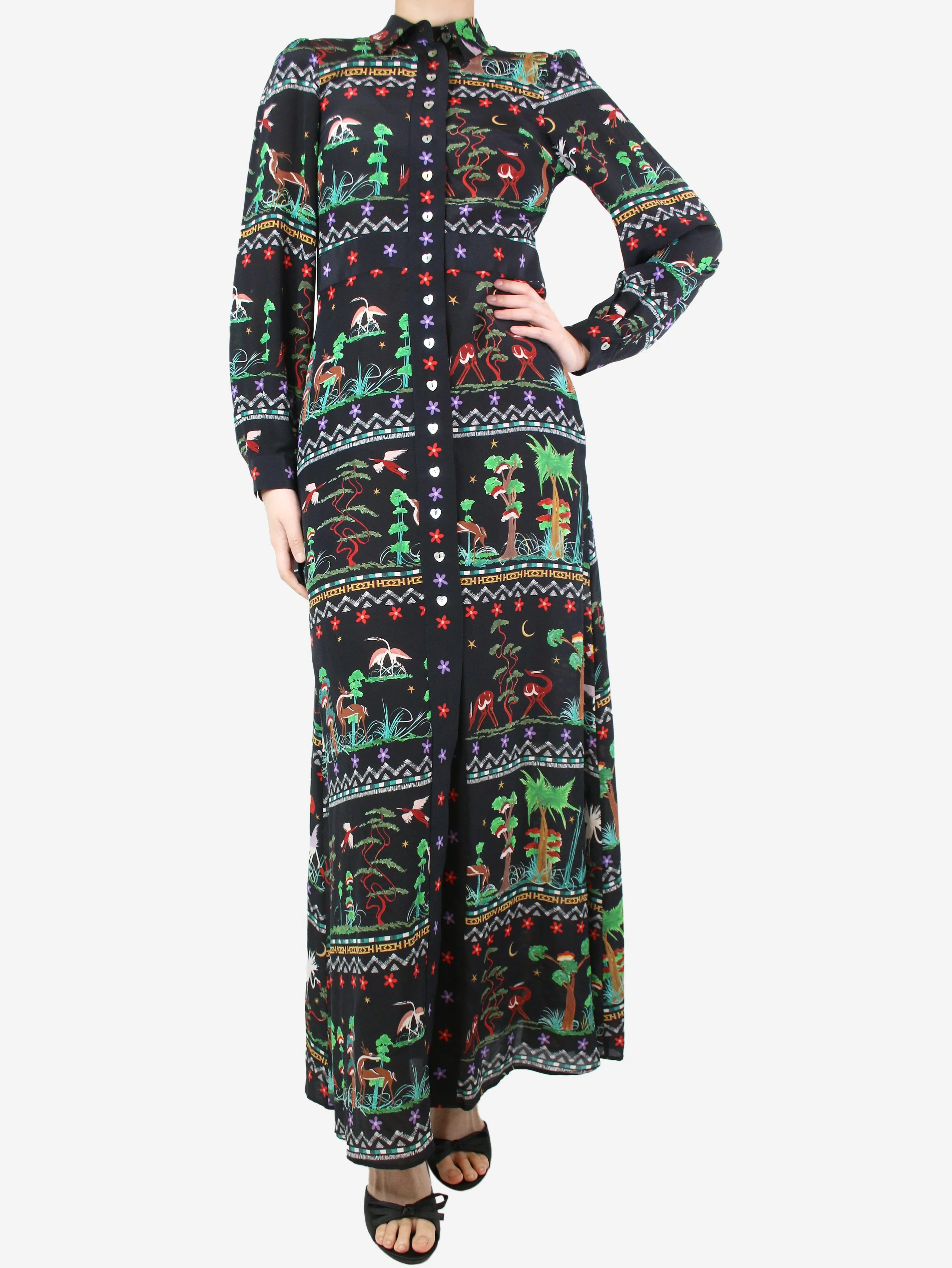 Black silk printed maxi shirt dress - size S