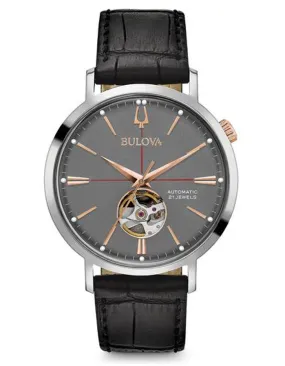 Bulova Mens Classic Watch - Gold-Tone -Grey Dial - Black Leather Strap