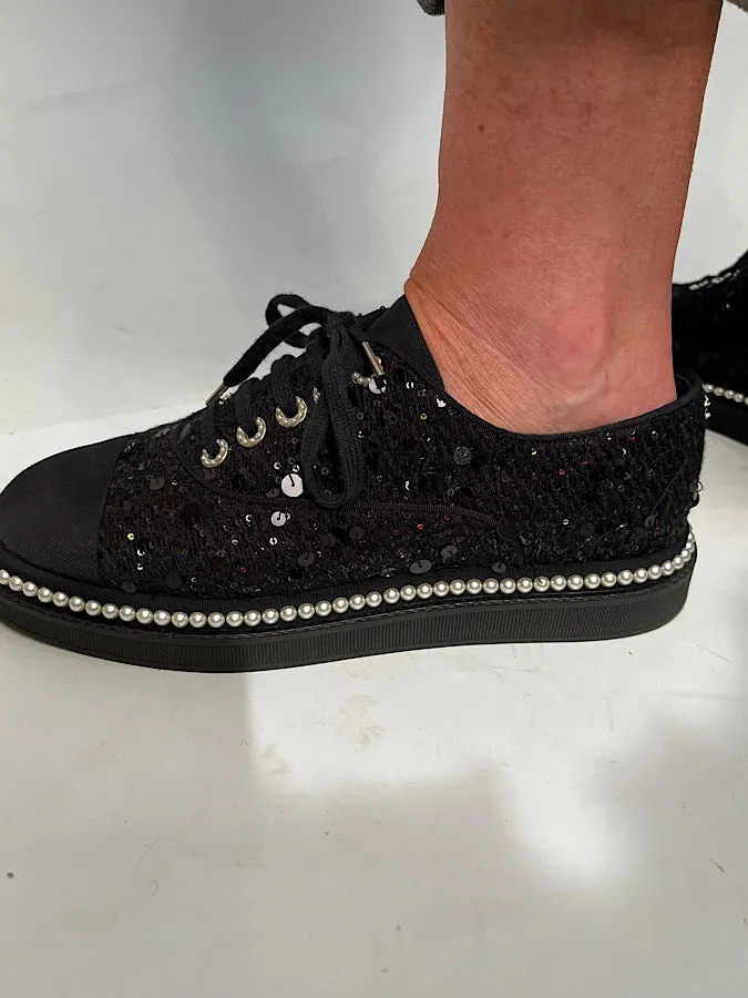 Chanel 17P 2017 Spring Black sequined Lace Up Tennis type  Shoes with contemporary thick soles and  pearl trim. EU 39.5 US 9/9.5