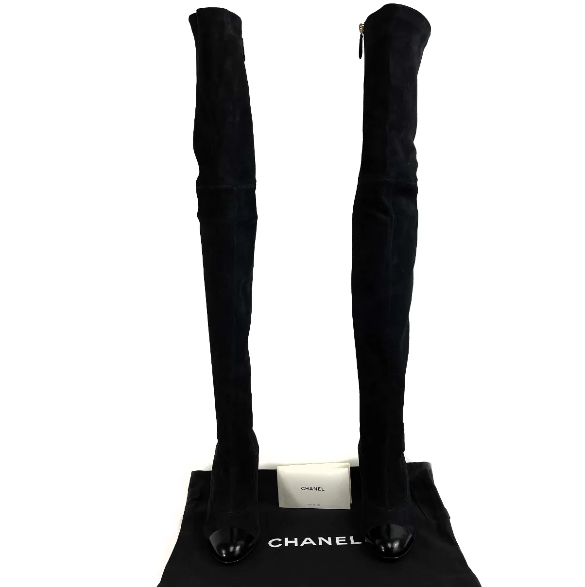 CHANEL - 19A Suede Black Thigh High Boots - Logo Heel / Patent Toe - 36 US 6