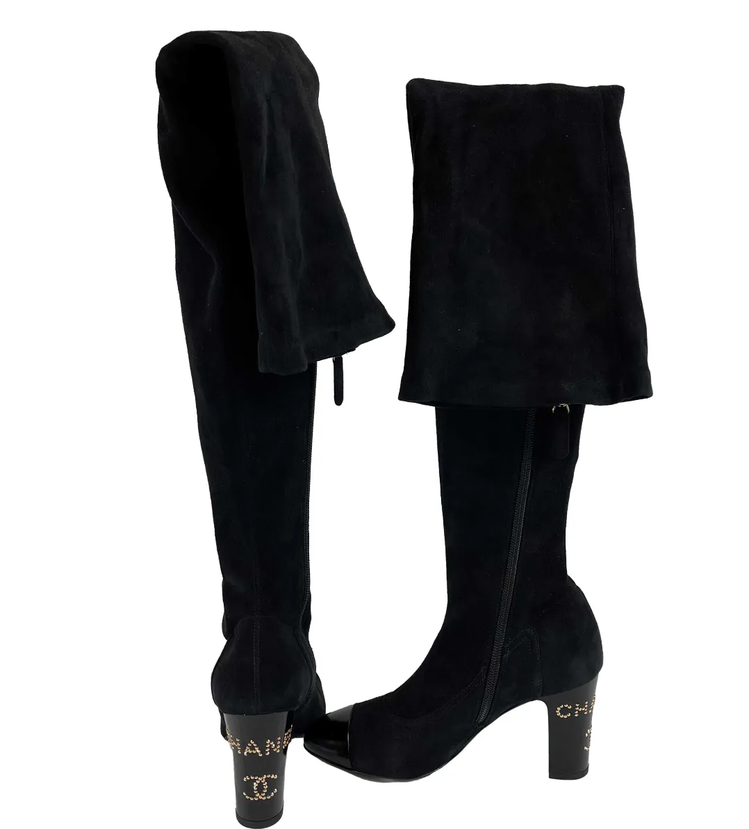 CHANEL - 19A Suede Black Thigh High Boots - Logo Heel / Patent Toe - 36 US 6