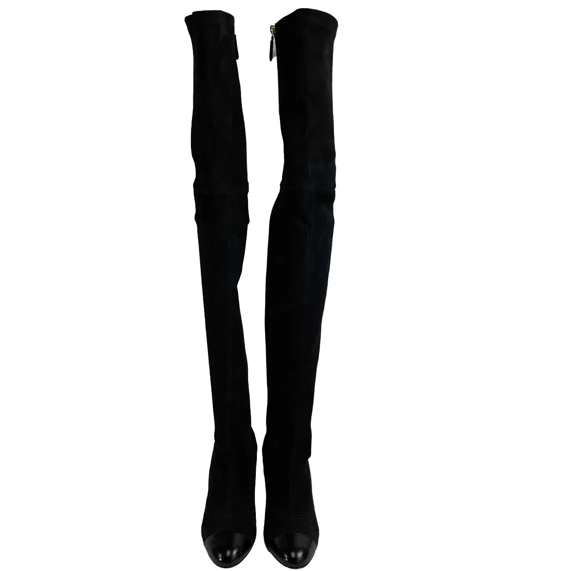 CHANEL - 19A Suede Black Thigh High Boots - Logo Heel / Patent Toe - 36 US 6