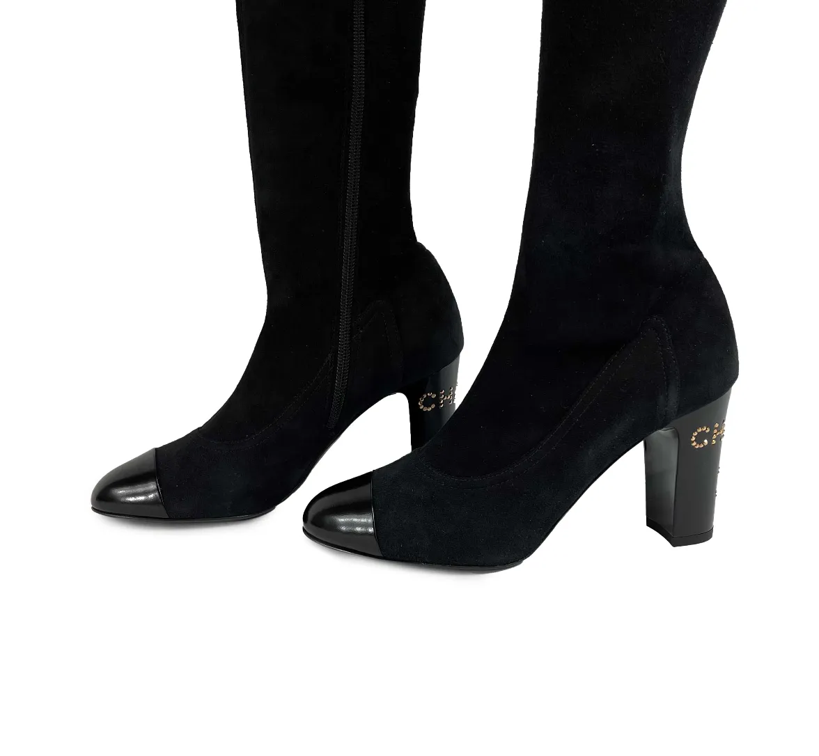 CHANEL - 19A Suede Black Thigh High Boots - Logo Heel / Patent Toe - 36 US 6