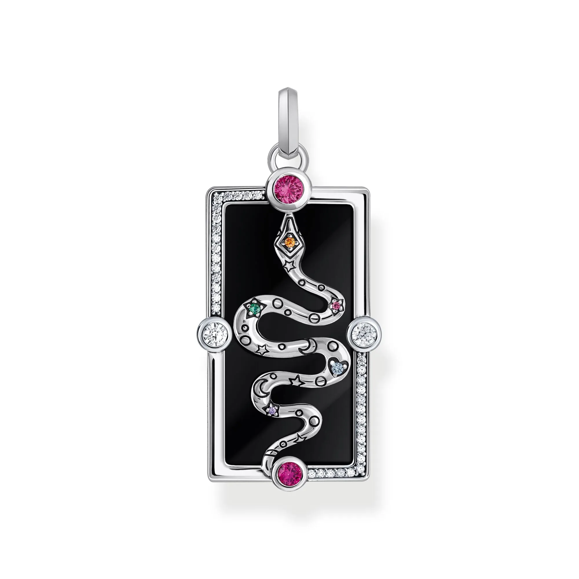 Cosmic Pendant with a snake, black cold enamel and various stones