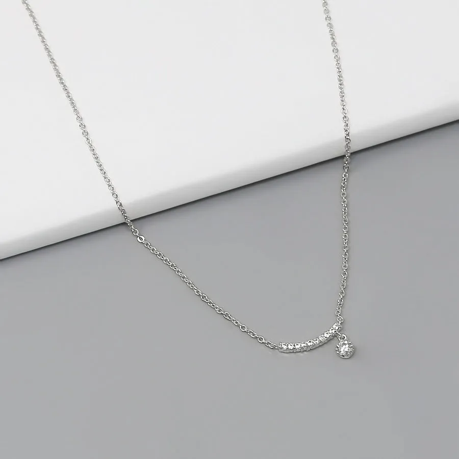 Curved Bar With CZ Stone Pendant Short Chain Necklace