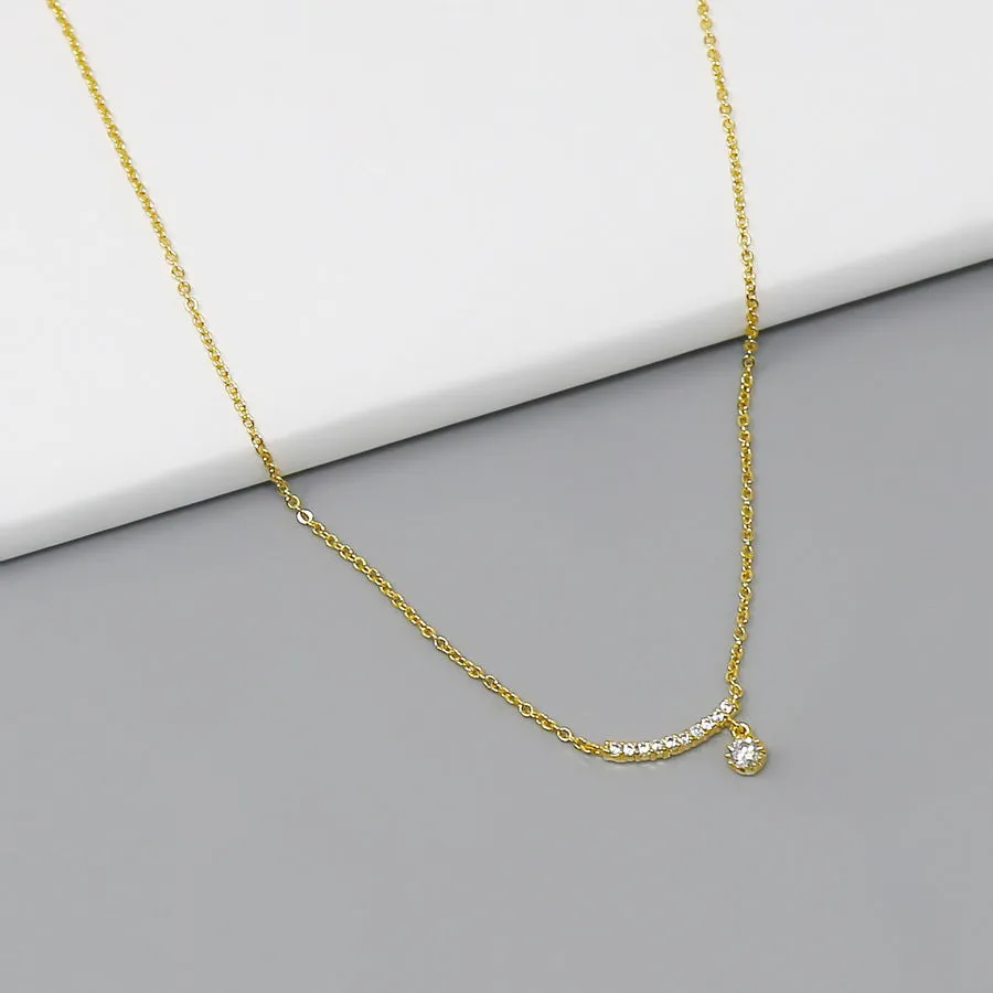 Curved Bar With CZ Stone Pendant Short Chain Necklace