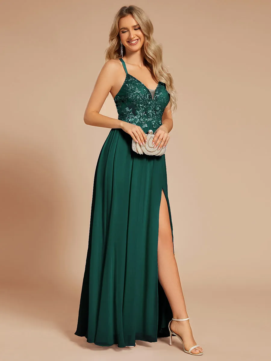 Custom Size A-line Appliqued V-neck Maxi Lace Prom Dress with Adjustable Straps